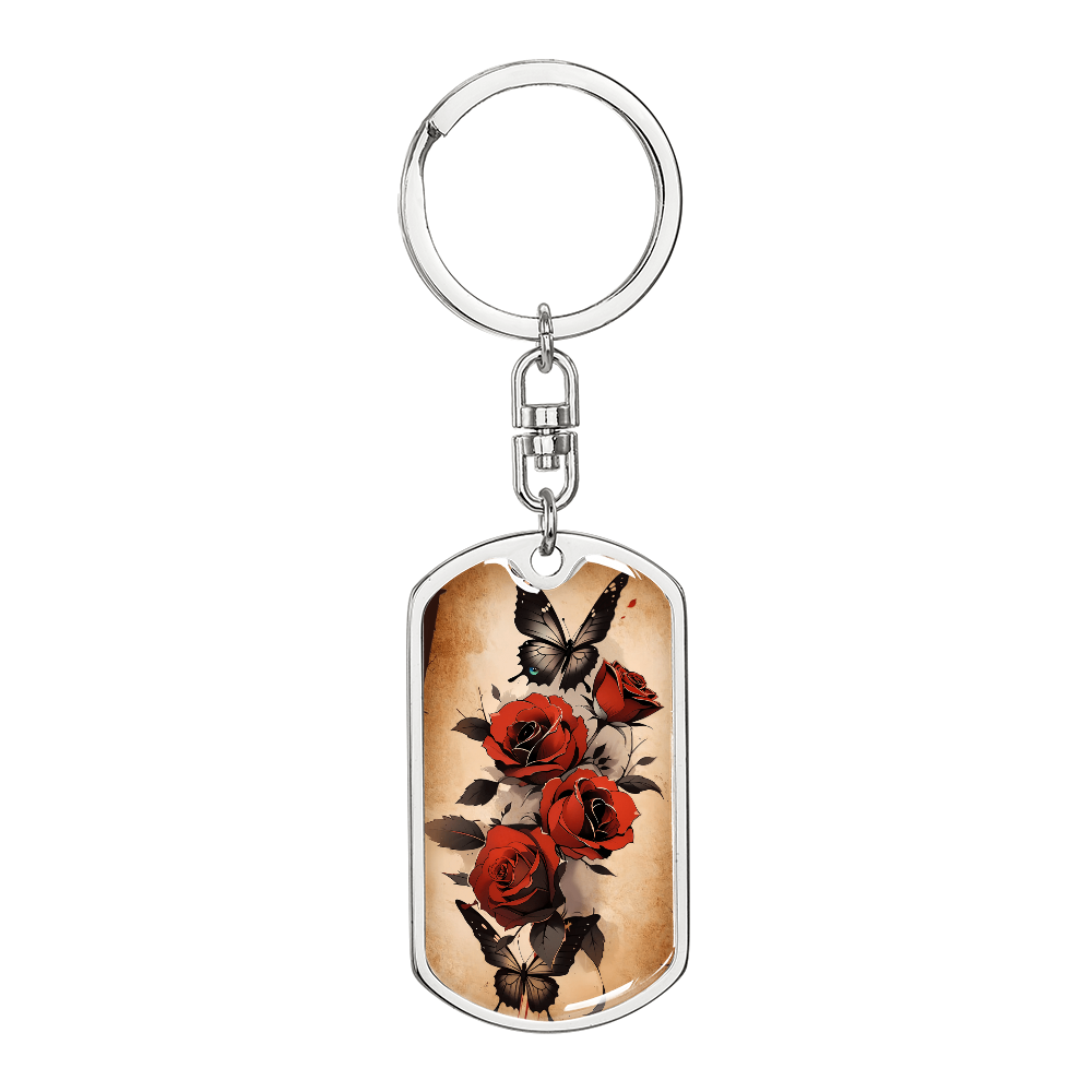 Black Butterfly Red Roses Keychain