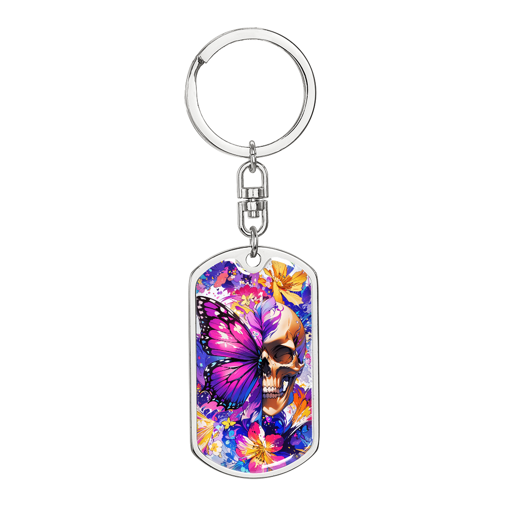 Colorful Skull Butterfly Keychain – Vibrant Gothic Key Ring – Floral Skull Gift for Her – Alternative Style Bag Charm – Punk Aesthetic