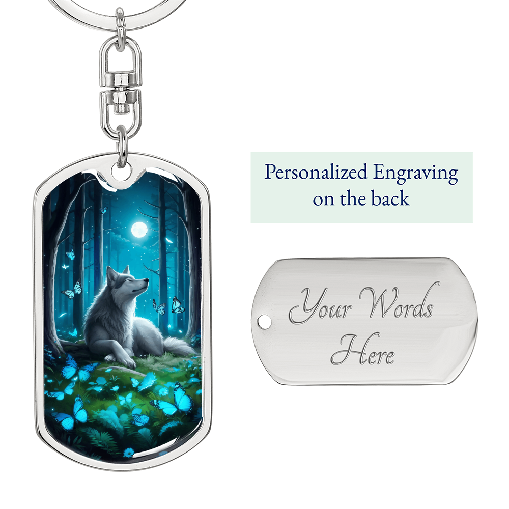 Moonlit Wolf Keychain with Blue Butterflies – Mystical Wildlife Gift