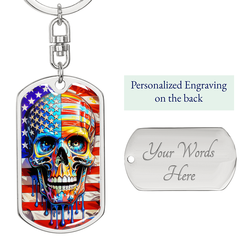 Patriotic Skull Keychain – American Flag Dog Tag Key Ring for Men