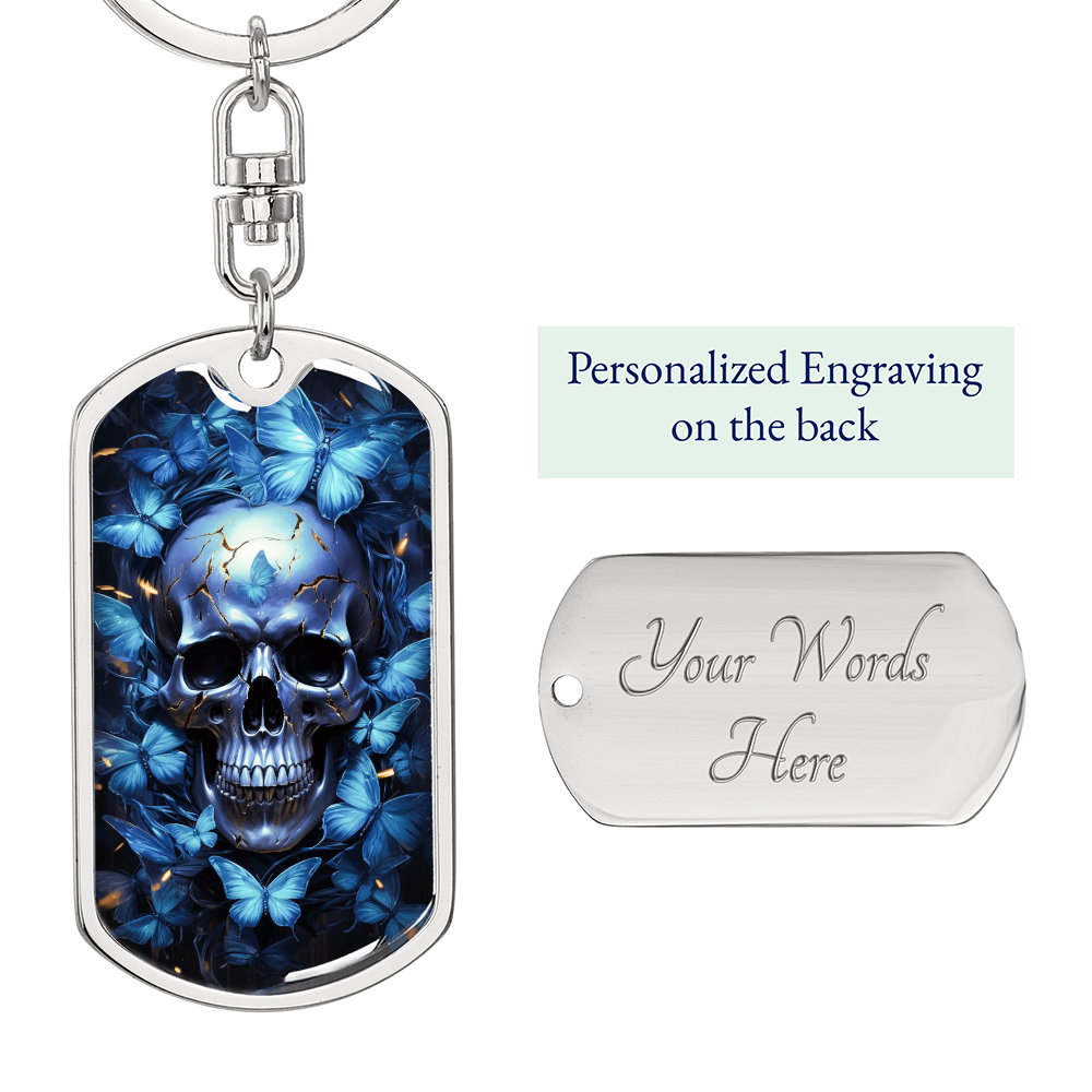 Blue Butterfly Skull Keychain for Men – Gothic Dog Tag Keychain – Dark Aesthetic Keychain Gift – Unique Blue Skull Accessory for Him or Her