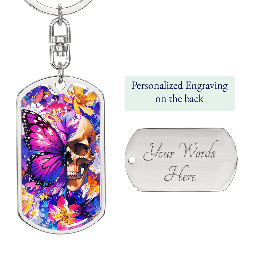 Colorful Skull Butterfly Keychain – Vibrant Gothic Key Ring – Floral Skull Gift for Her – Alternative Style Bag Charm – Punk Aesthetic