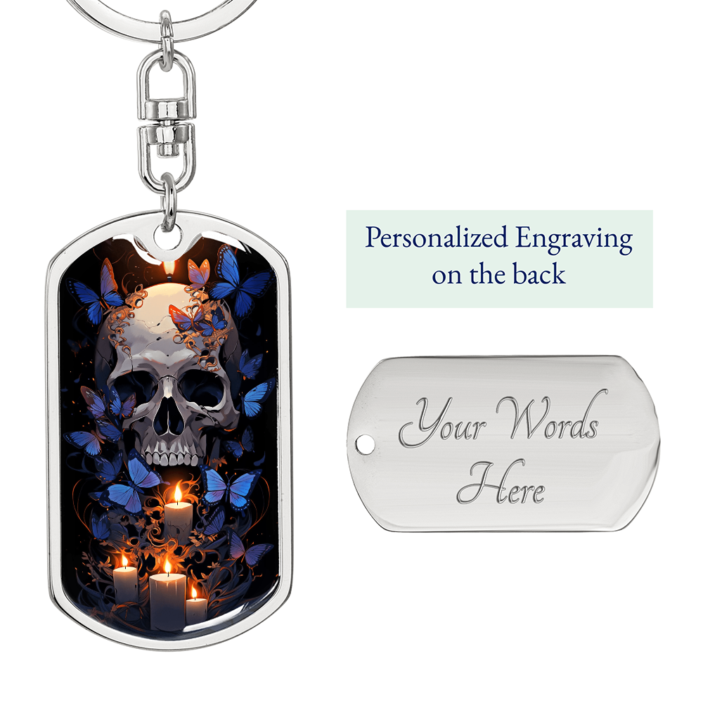 Skull Butterfly Keychain – Gothic Candle Art Key Ring – Blue Butterfly Skull Gift – Dark Aesthetic Bag Charm – Witchy Gift for Her