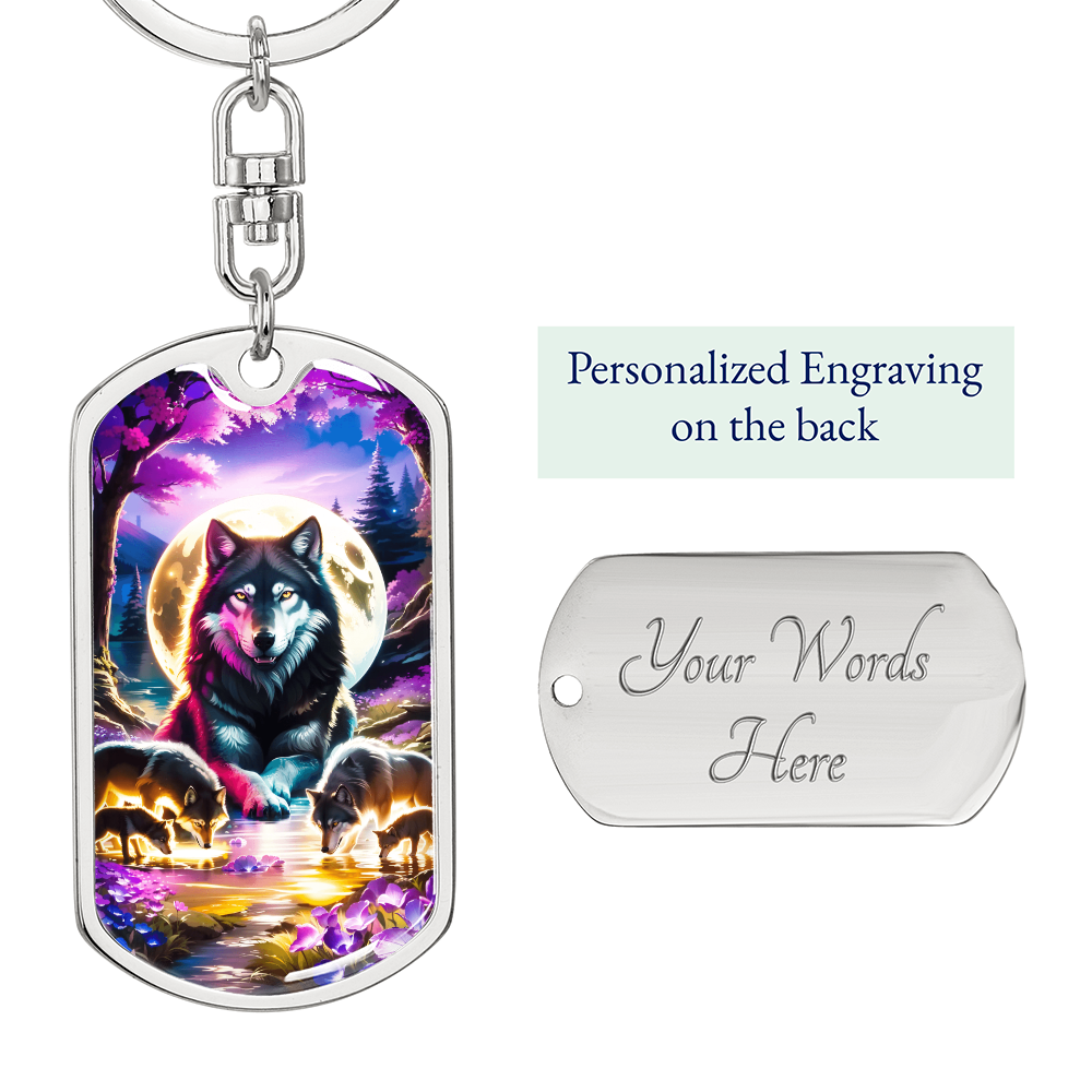 Mystical Wolf Family Keychain – Full Moon Purple Forest Art Gift