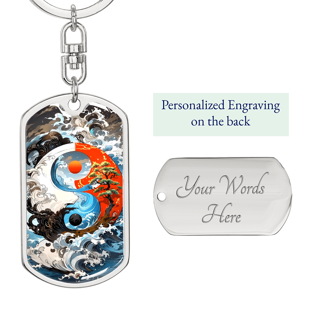 Ocean Waves Yin Yang Keychain – Zen Tao Balance Dog Tag Gift