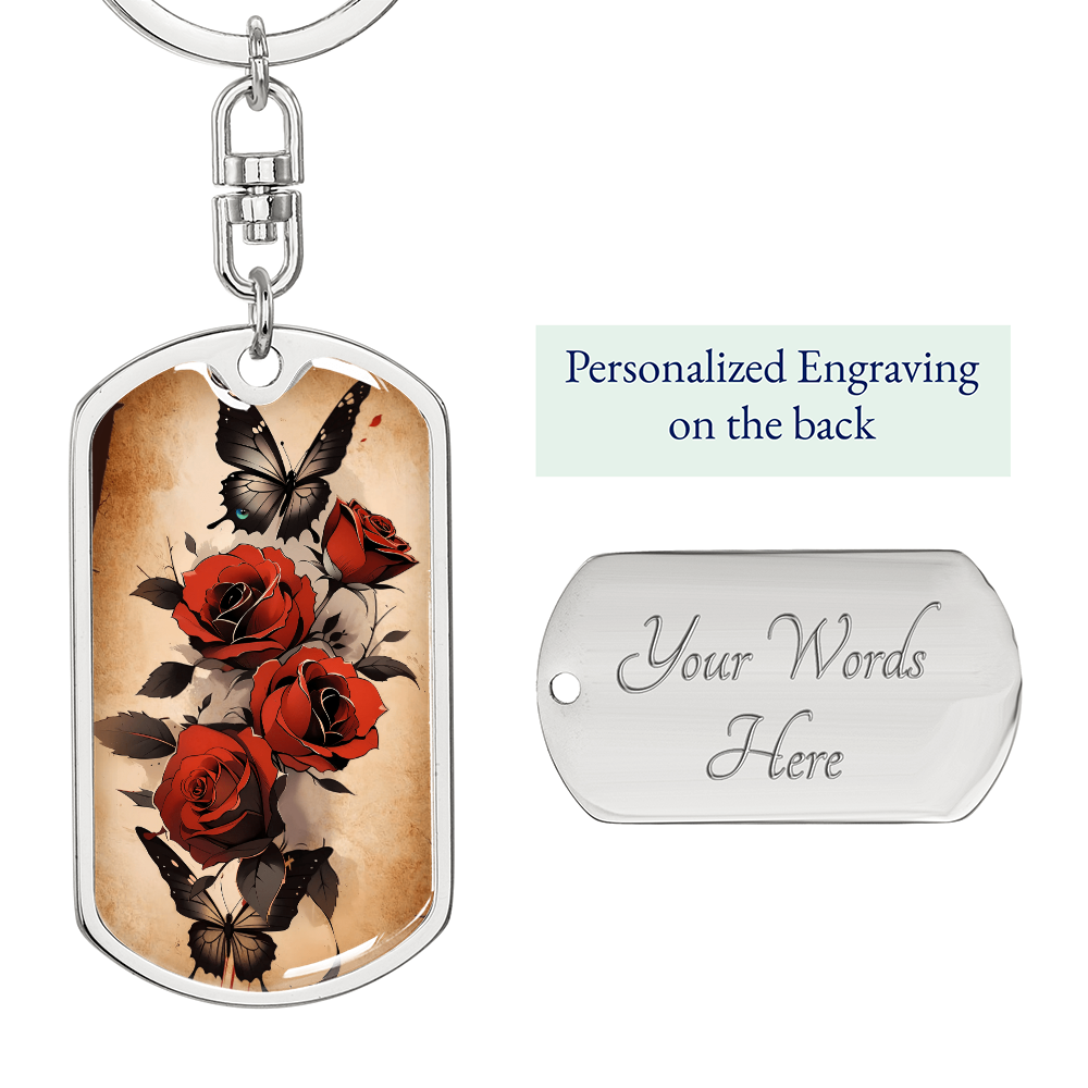 Black Butterfly Red Roses Keychain