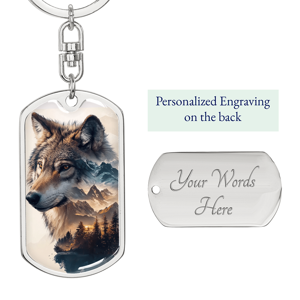 Golden Wolf Keychain – Mountain Scene Wildlife Gift for Nature Lovers