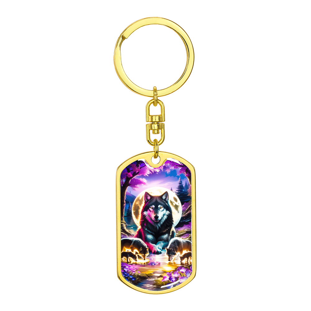 Mystical Wolf Family Keychain – Full Moon Purple Forest Art Gift