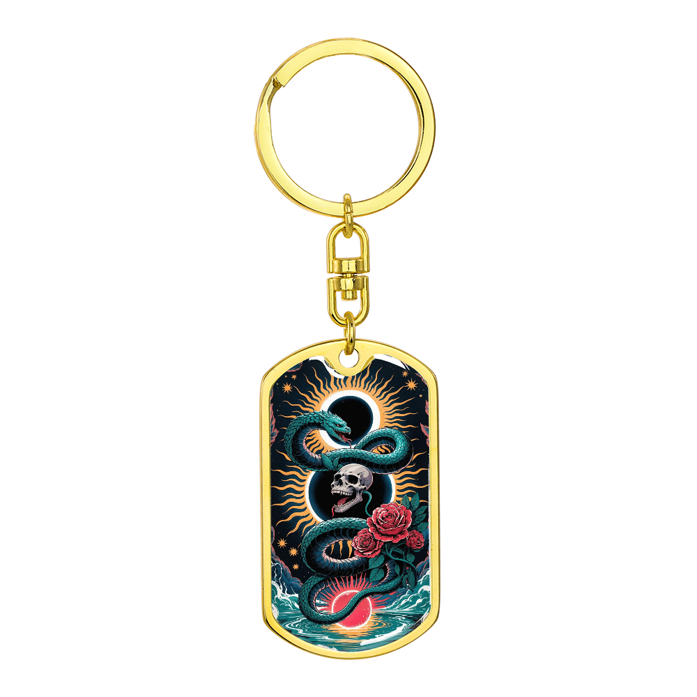 Snake Skull Rose Keychain – Gothic Serpent Key Ring – Occult Gift for Him – Dark Aesthetic Keychain – Tattoo Art Accessory