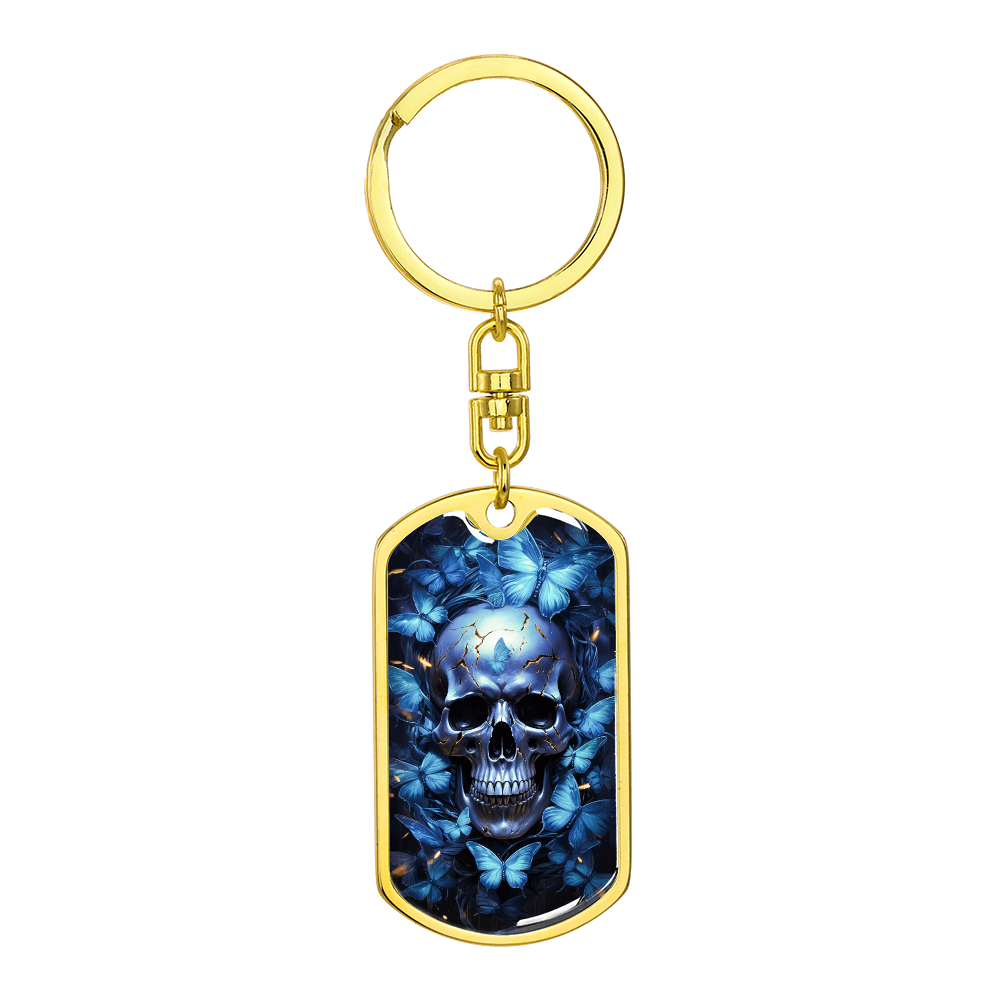 Blue Butterfly Skull Keychain for Men – Gothic Dog Tag Keychain – Dark Aesthetic Keychain Gift – Unique Blue Skull Accessory for Him or Her
