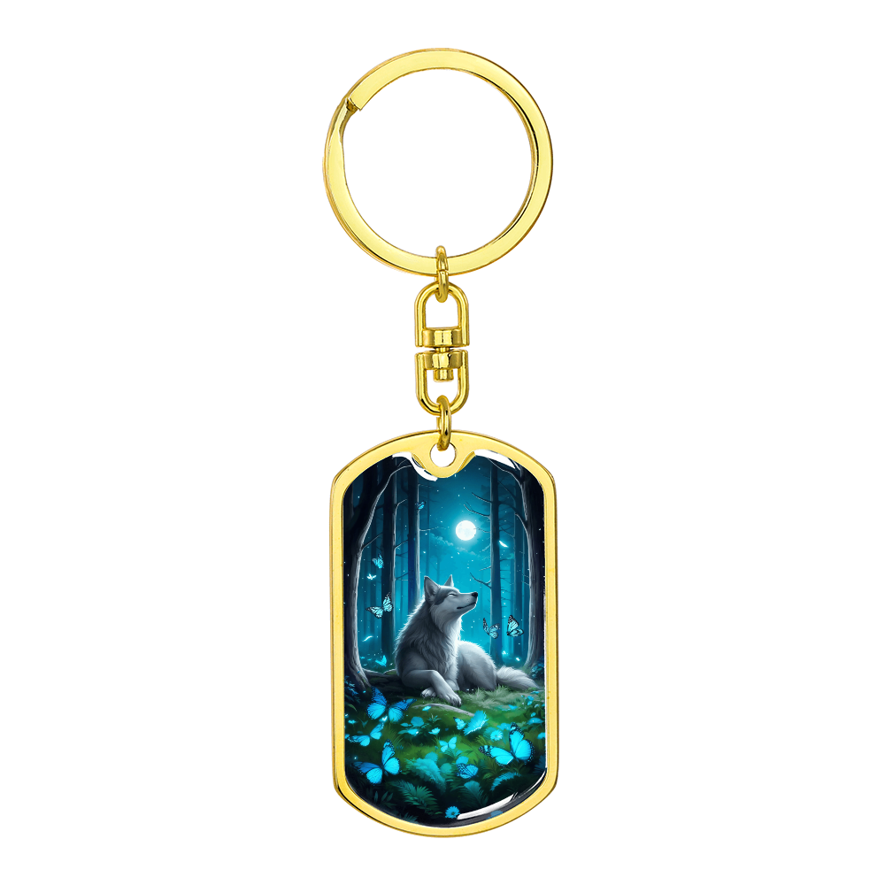 Moonlit Wolf Keychain with Blue Butterflies – Mystical Wildlife Gift