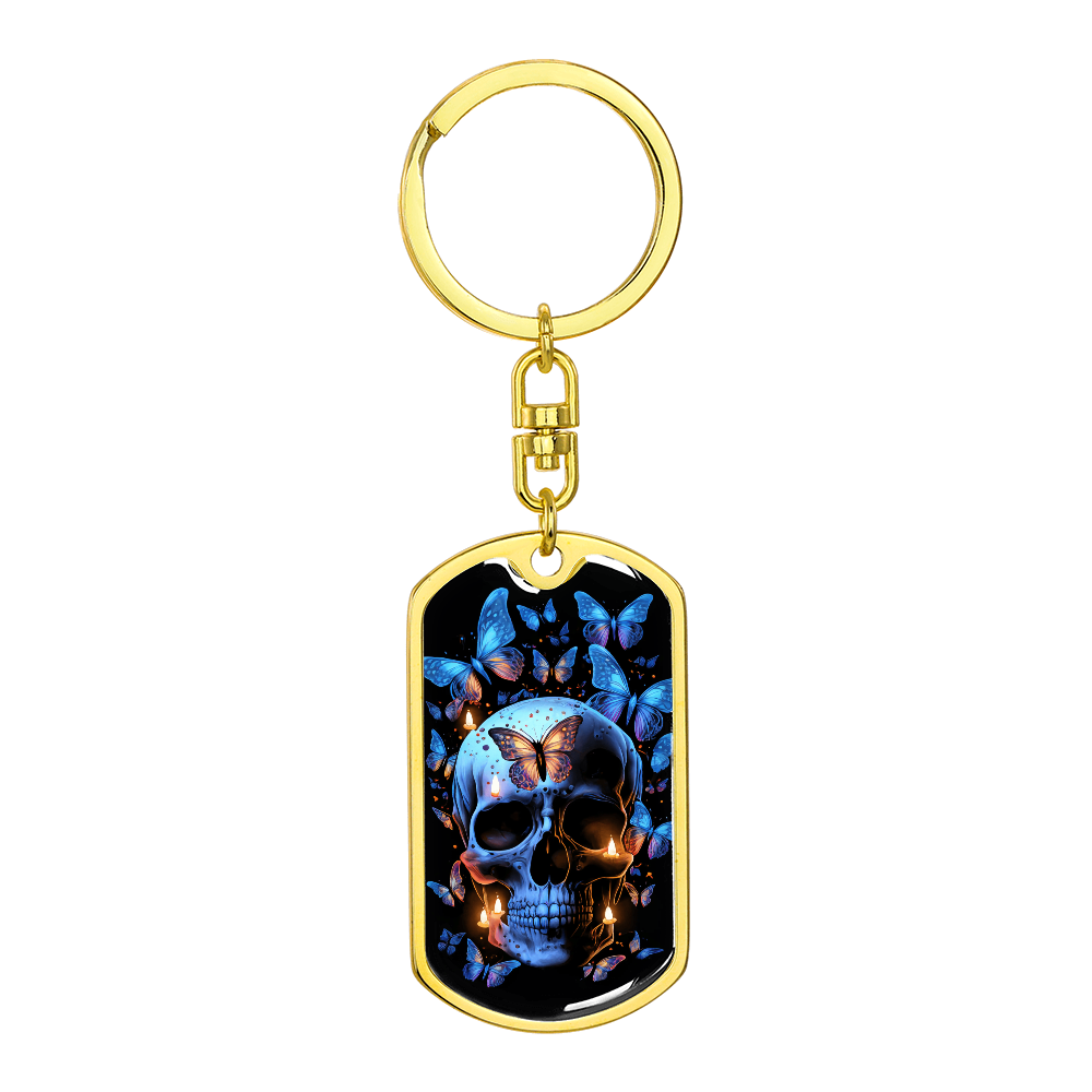 Gothic Skull Keychain with Butterflies – Blue Skull Candle Tag – Dark Aesthetic Keychain for Men – Alternative Accessory Gift Idea