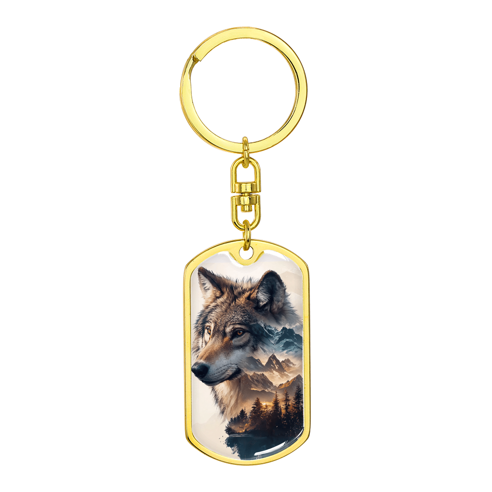 Golden Wolf Keychain – Mountain Scene Wildlife Gift for Nature Lovers