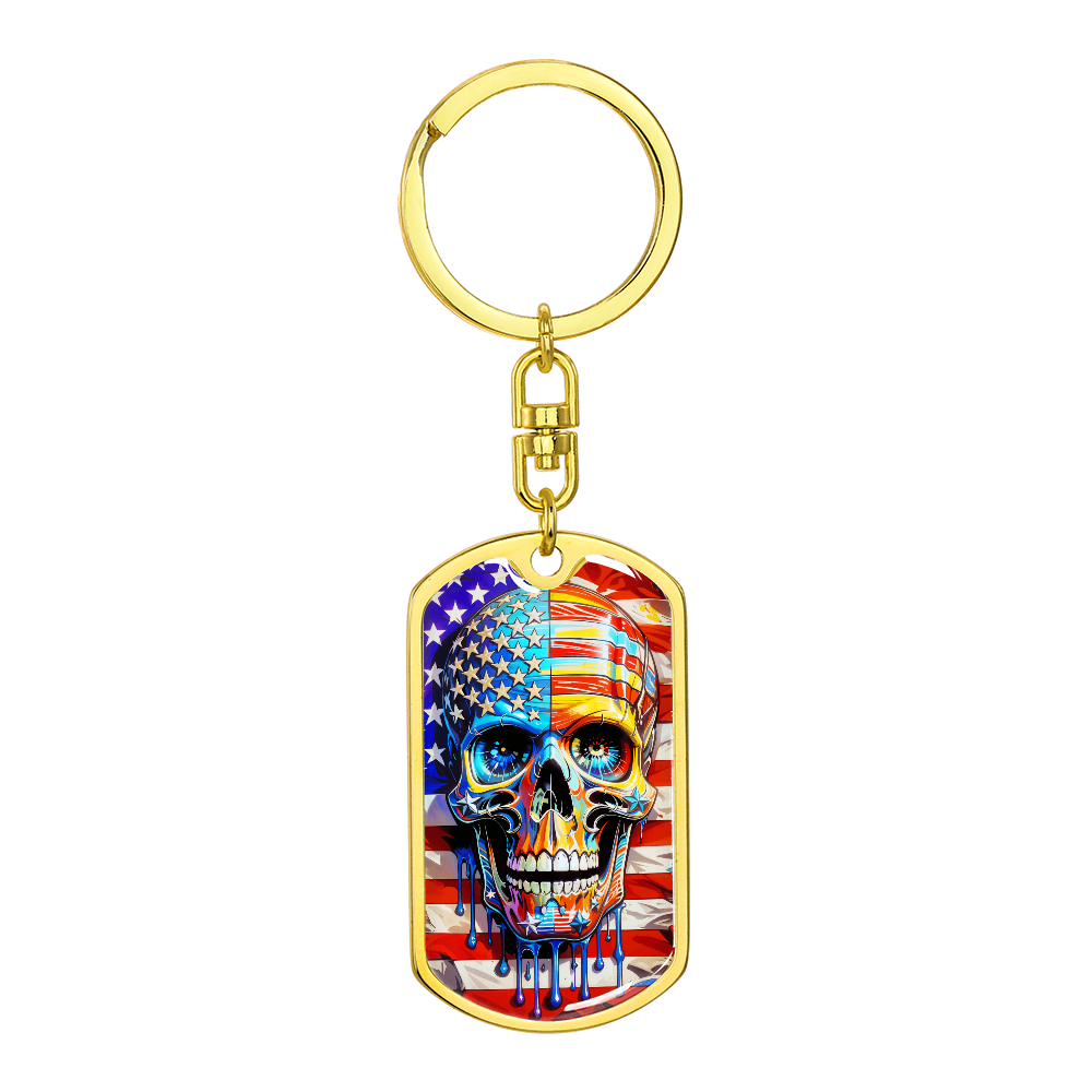Patriotic Skull Keychain – American Flag Dog Tag Key Ring for Men