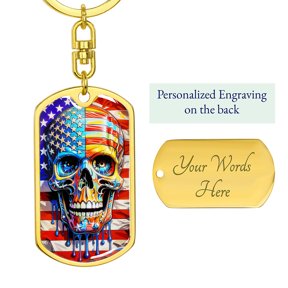 Patriotic Skull Keychain – American Flag Dog Tag Key Ring for Men