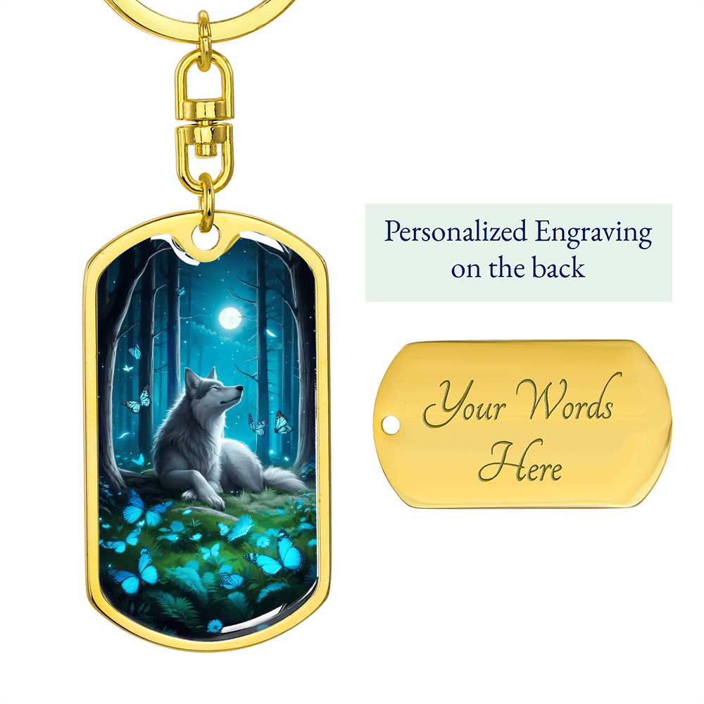 Moonlit Wolf Keychain with Blue Butterflies – Mystical Wildlife Gift