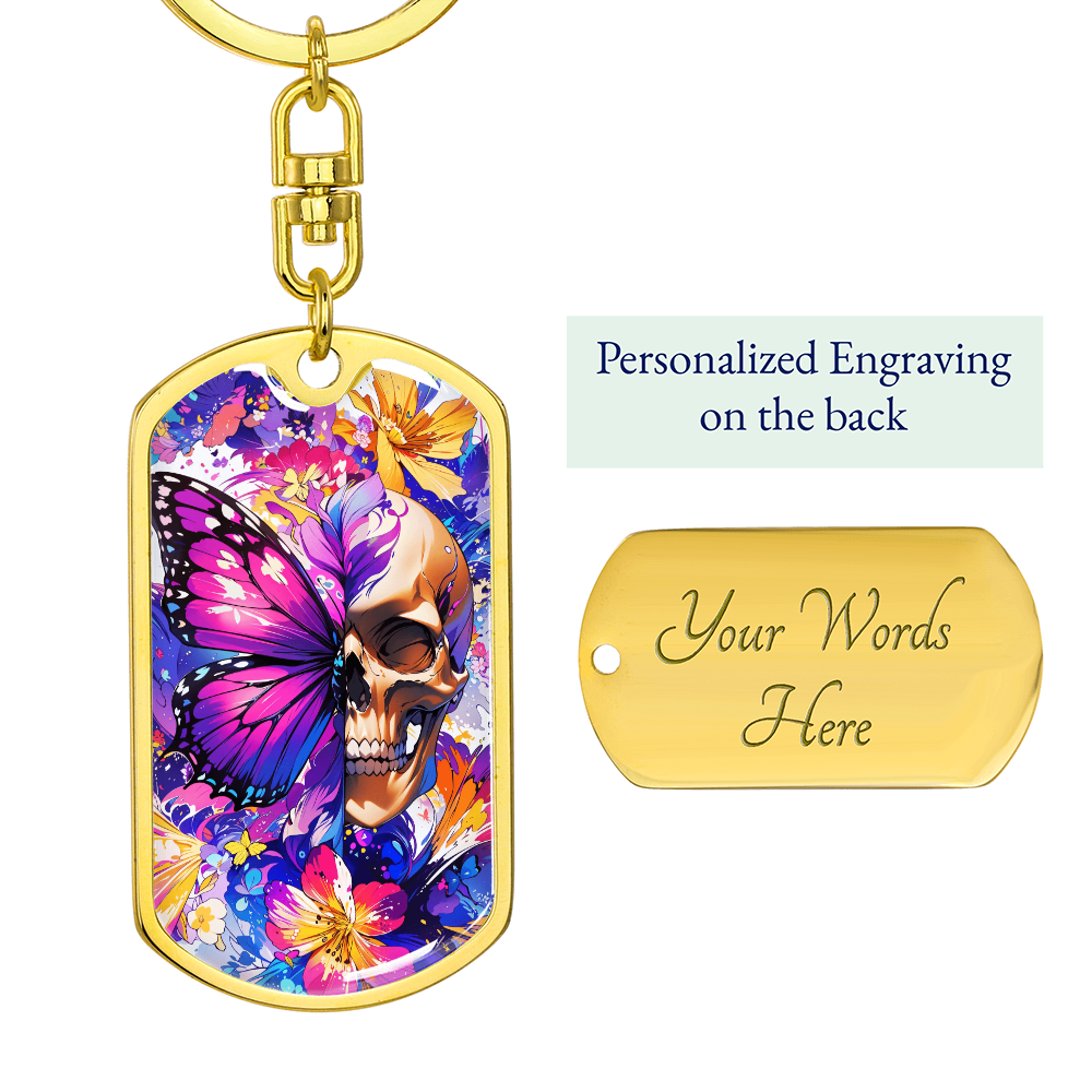 Colorful Skull Butterfly Keychain – Vibrant Gothic Key Ring – Floral Skull Gift for Her – Alternative Style Bag Charm – Punk Aesthetic
