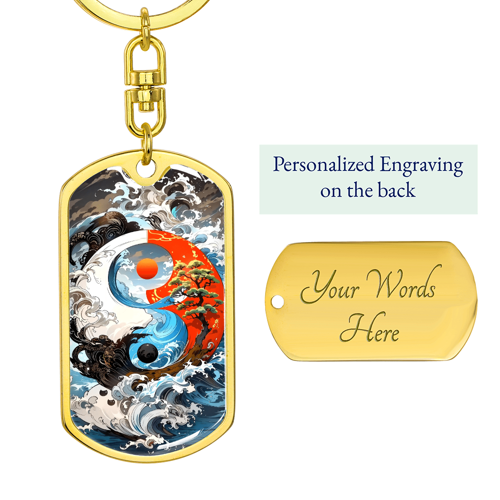Ocean Waves Yin Yang Keychain – Zen Tao Balance Dog Tag Gift