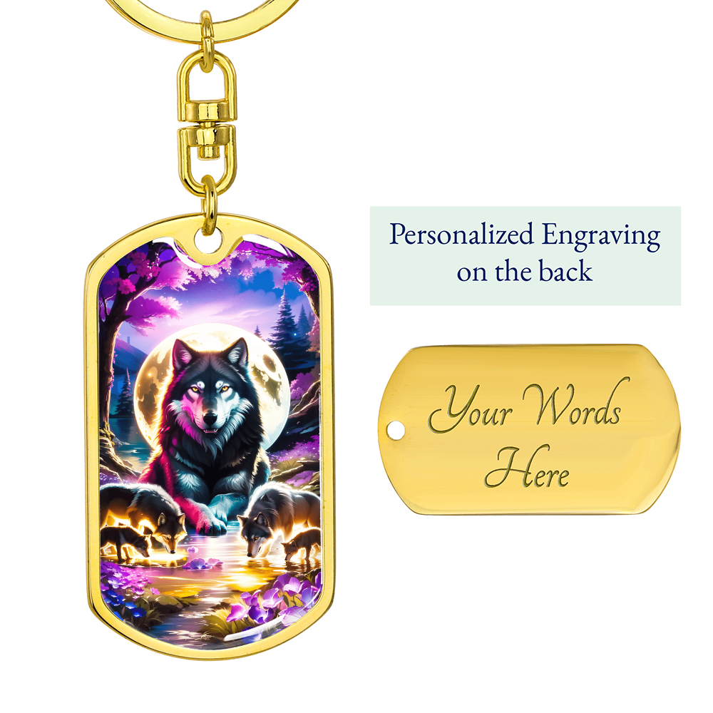 Mystical Wolf Family Keychain – Full Moon Purple Forest Art Gift