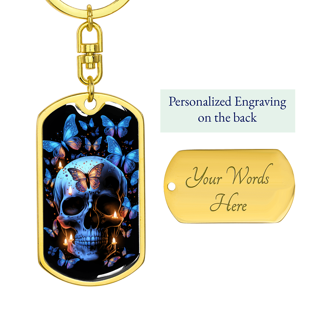 Gothic Skull Keychain with Butterflies – Blue Skull Candle Tag – Dark Aesthetic Keychain for Men – Alternative Accessory Gift Idea