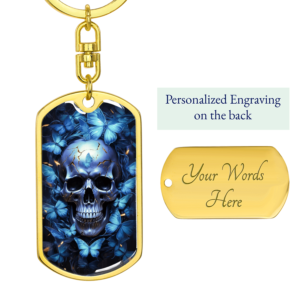 Blue Butterfly Skull Keychain for Men – Gothic Dog Tag Keychain – Dark Aesthetic Keychain Gift – Unique Blue Skull Accessory for Him or Her