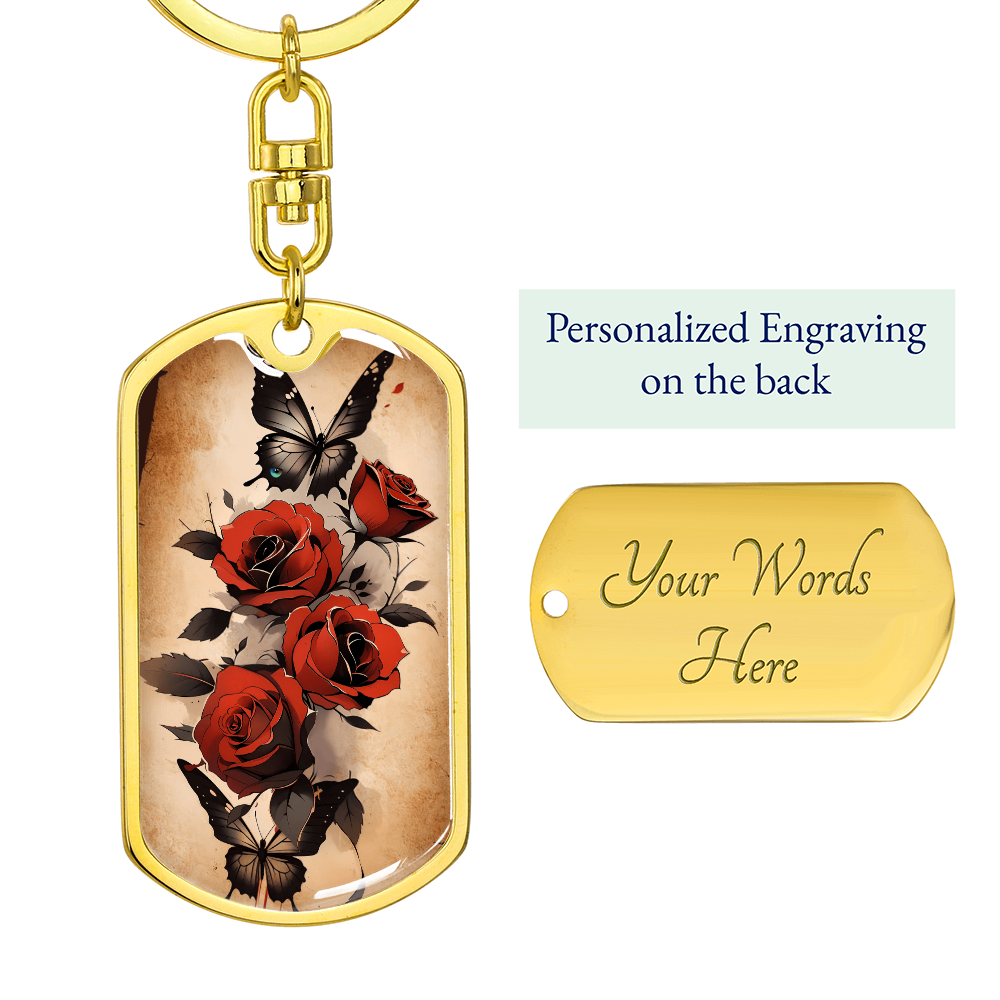 Black Butterfly Red Roses Keychain