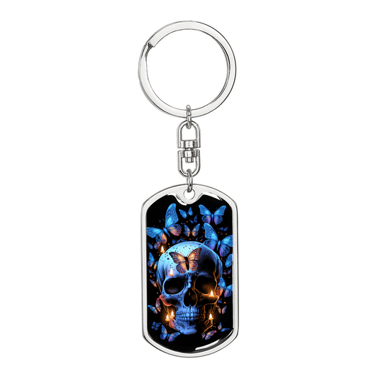 Gothic Skull Keychain with Butterflies – Blue Skull Candle Tag – Dark Aesthetic Keychain for Men – Alternative Accessory Gift Idea
