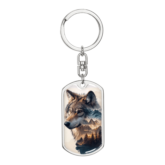 Golden Wolf Keychain – Mountain Scene Wildlife Gift for Nature Lovers