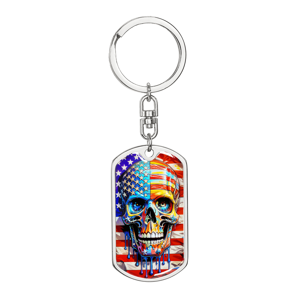 Patriotic Skull Keychain – American Flag Dog Tag Key Ring for Men