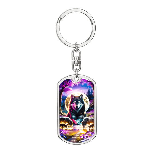 Mystical Wolf Family Keychain – Full Moon Purple Forest Art Gift
