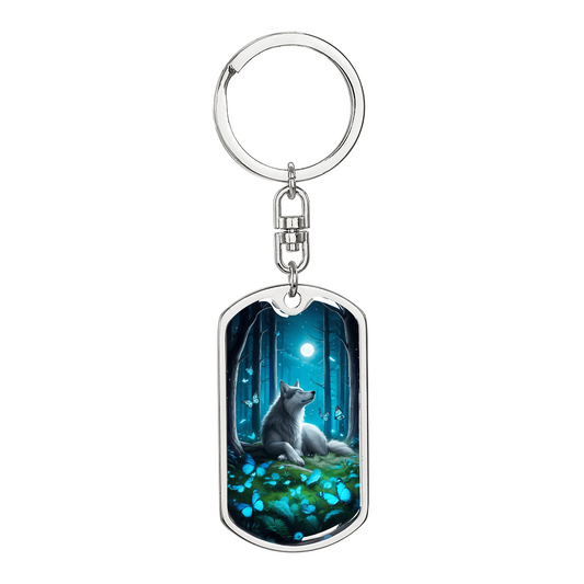 Moonlit Wolf Keychain with Blue Butterflies – Mystical Wildlife Gift