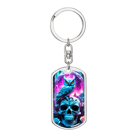 Mystical Blue Owl & Skull Keychain | Gothic Wisdom Key Fob | Unique Moonlit Floral Dog Tag | Dark Academia Gift