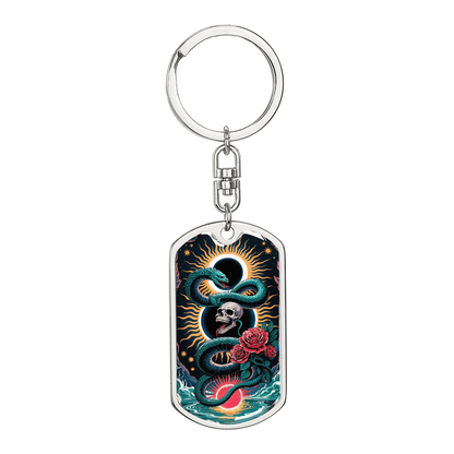 Snake Skull Rose Keychain – Gothic Serpent Key Ring – Occult Gift for Him – Dark Aesthetic Keychain – Tattoo Art Accessory