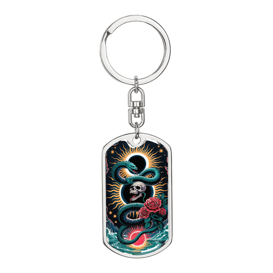 Snake Skull Rose Keychain – Gothic Serpent Key Ring – Occult Gift for Him – Dark Aesthetic Keychain – Tattoo Art Accessory