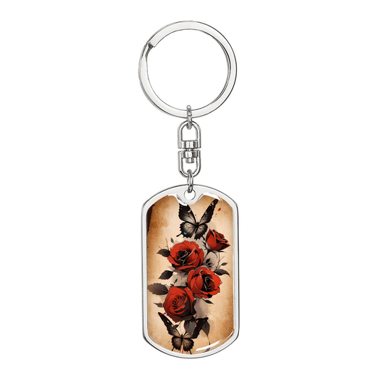 Black Butterfly Red Roses Keychain