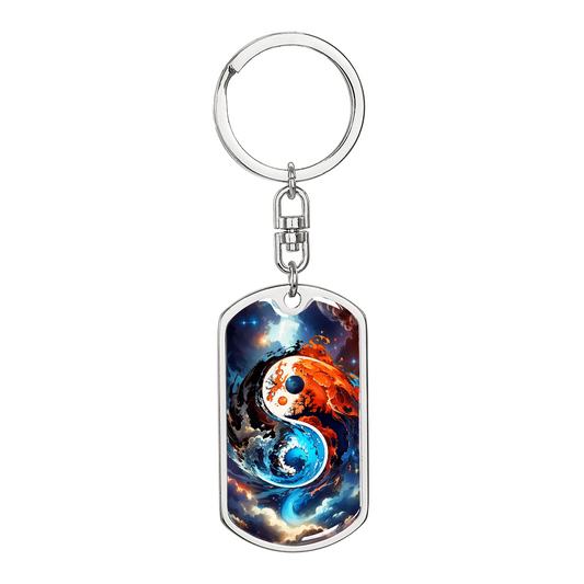 Personalized Yin Yang Keychain Fire and Water Balance Dog Tag – Spiritual Energy Symbol Key Ring, Tao Zen Gift, Cosmic Element Keychain