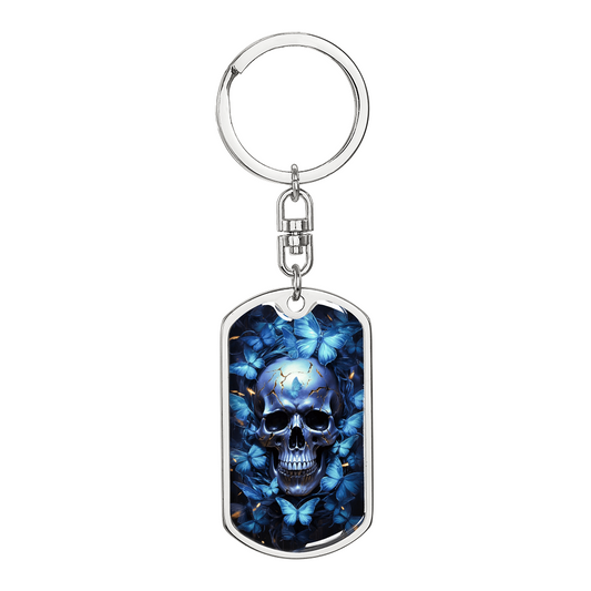 Blue Butterfly Skull Keychain for Men – Gothic Dog Tag Keychain – Dark Aesthetic Keychain Gift – Unique Blue Skull Accessory for Him or Her