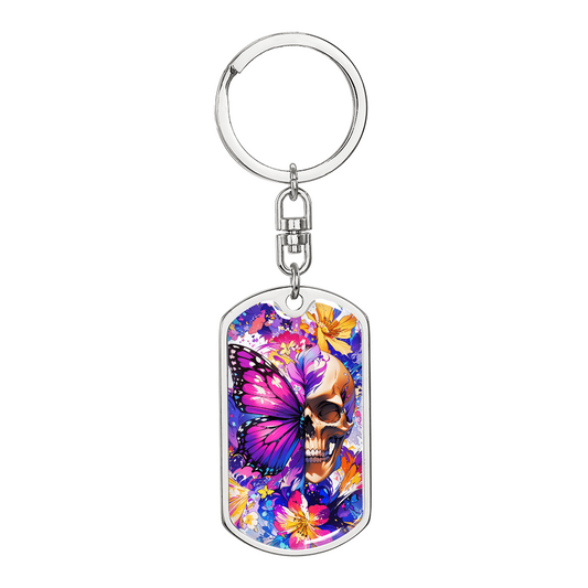 Colorful Skull Butterfly Keychain – Vibrant Gothic Key Ring – Floral Skull Gift for Her – Alternative Style Bag Charm – Punk Aesthetic