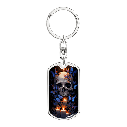 Skull Butterfly Keychain – Gothic Candle Art Key Ring – Blue Butterfly Skull Gift – Dark Aesthetic Bag Charm – Witchy Gift for Her