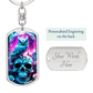 Mystical Blue Owl & Skull Keychain | Gothic Wisdom Key Fob | Unique Moonlit Floral Dog Tag | Dark Academia Gift