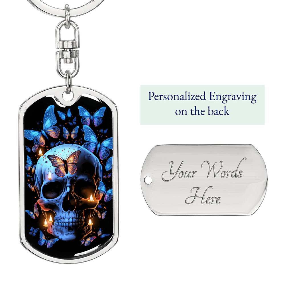 Gothic Skull Keychain with Butterflies – Blue Skull Candle Tag – Dark Aesthetic Keychain for Men – Alternative Accessory Gift Idea