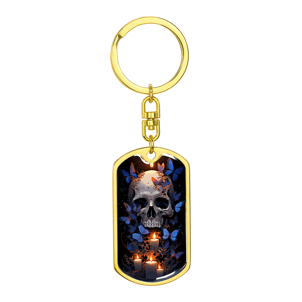 Skull Butterfly Keychain – Gothic Candle Art Key Ring – Blue Butterfly Skull Gift – Dark Aesthetic Bag Charm – Witchy Gift for Her