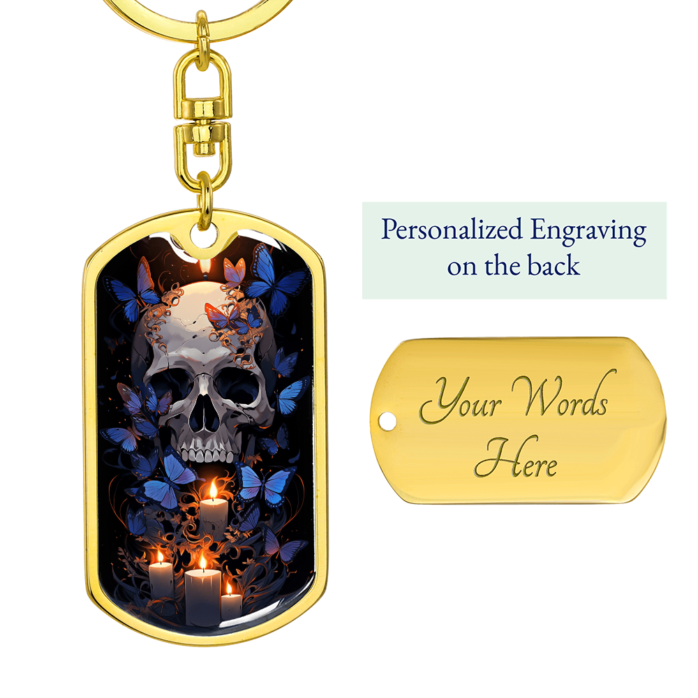 Skull Butterfly Keychain – Gothic Candle Art Key Ring – Blue Butterfly Skull Gift – Dark Aesthetic Bag Charm – Witchy Gift for Her
