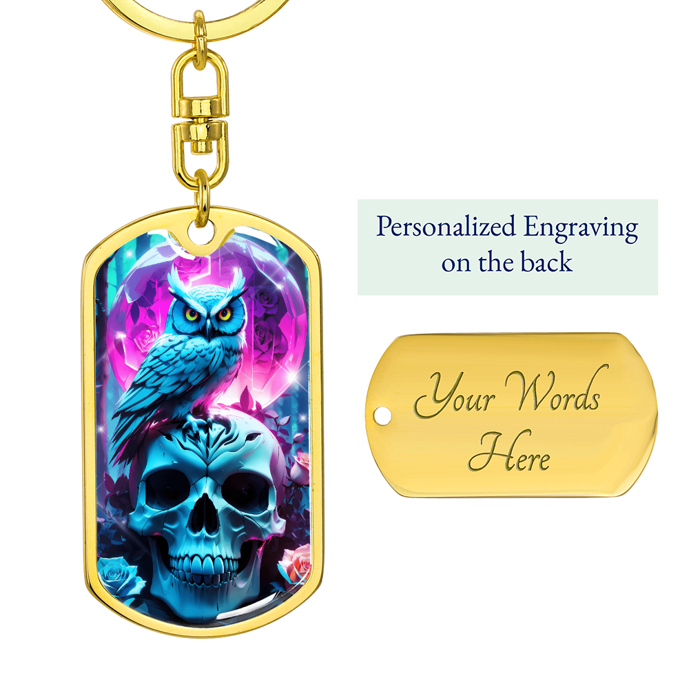 Mystical Blue Owl & Skull Keychain | Gothic Wisdom Key Fob | Unique Moonlit Floral Dog Tag | Dark Academia Gift